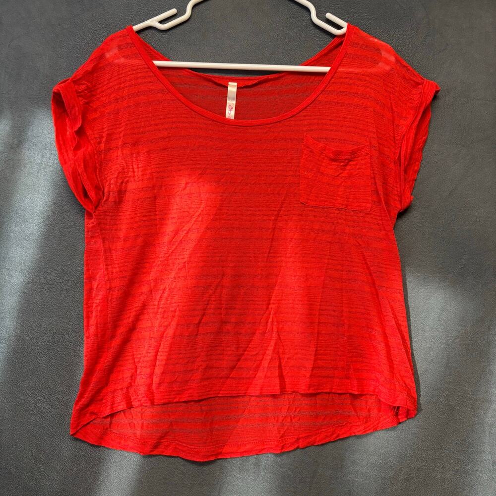 Heart & Joe Red-Orange Sheer Stripe Short Sleeve Top Women Large Blouse Business